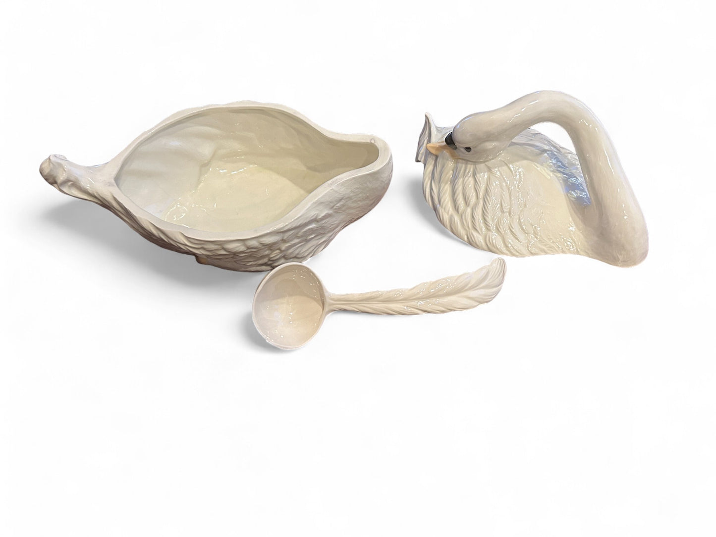 Large Cream Painted Ceramic Covered Swan Tureen With Feather Ladle