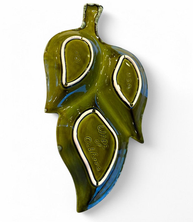 MCM 1960's Wade of California Pottery Avocado Green Leaf Dish Drip Glaze