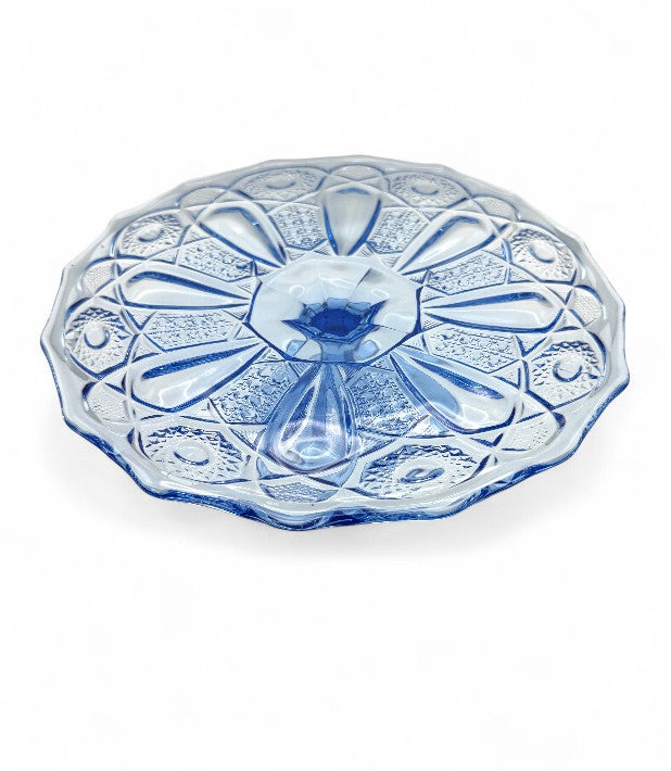Sapphire Blue Kemple Glass Quintec Pattern Pedestal Cake Plate Stand Vintage Tableware
