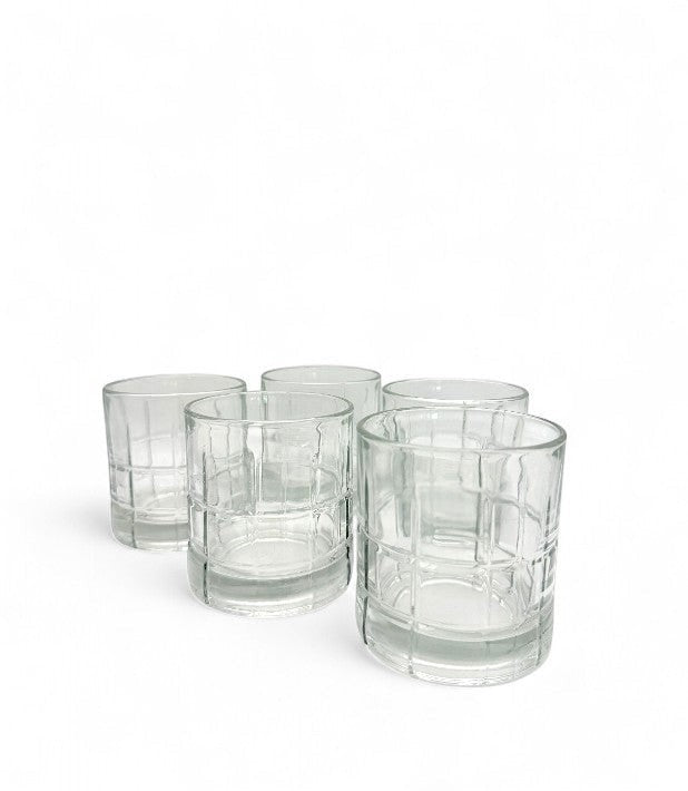 Set of five Hinson Vintage Interiors Anchor Hocking Tartan clear glass old fashioned tumblers with grid pattern