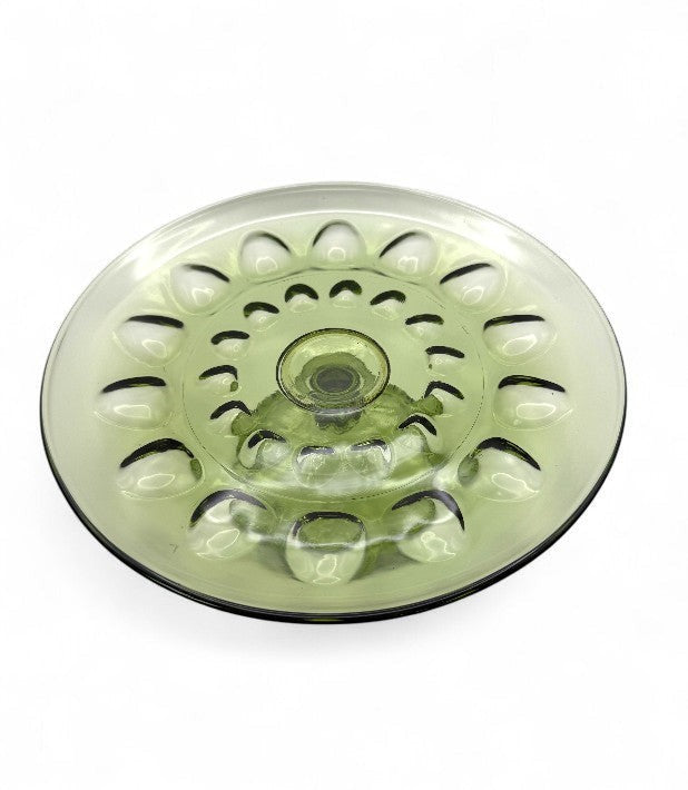 Hinson Vintage Interiors 1960s Hazel Atlas Reflection avocado green pressed glass pedestal cake plate with thumbprint rim