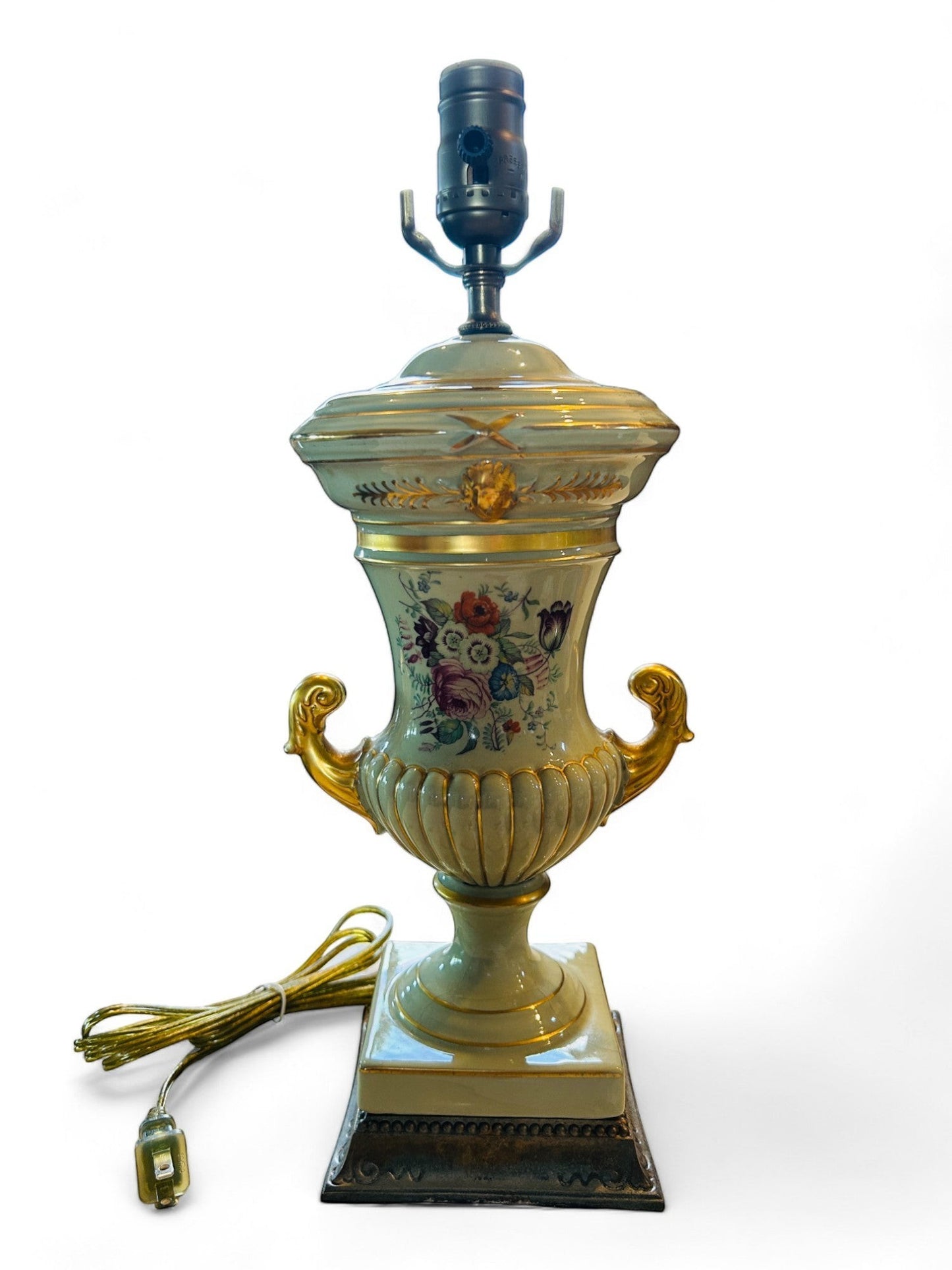 Hinson Vintage Interiors vintage porcelain caldron lamp with handpainted floral motifs and gold accents.