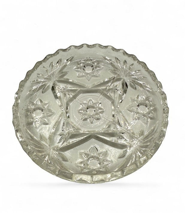 Hinson Vintage Interiors set of six clear pressed glass coasters with a vintage starburst and floral scalloped design.