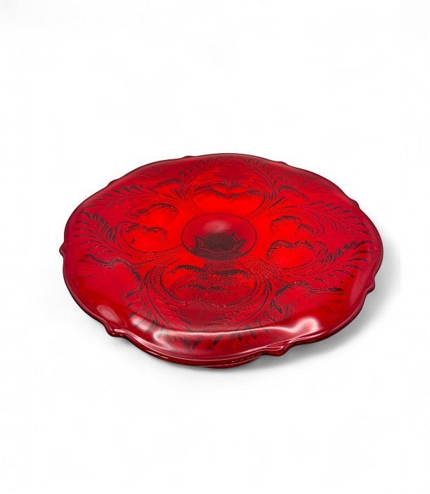 Hinson Vintage Interiors ruby red pressed glass cake stand featuring the classic Inverted Thistle floral pattern.
