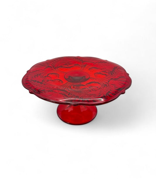 8" Diameter Pedestal Cake Stand Inverted Thistle Ruby Red by Mosser Vintage Tableware