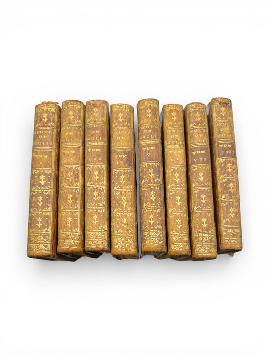 Antique 1770 Paris Set of 8 Books — Oeuvres de Molière (Le Clerc) | Gilt Tan Leather + Marbled Edges