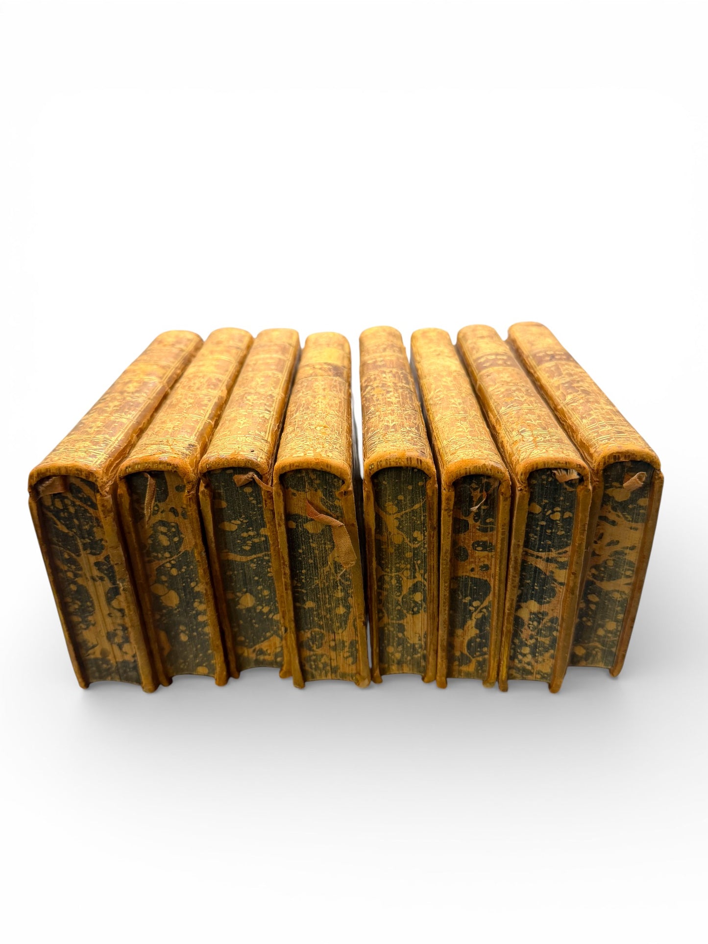Antique 1770 Paris Set of 8 Books — Oeuvres de Molière (Le Clerc) | Gilt Tan Leather + Marbled Edges