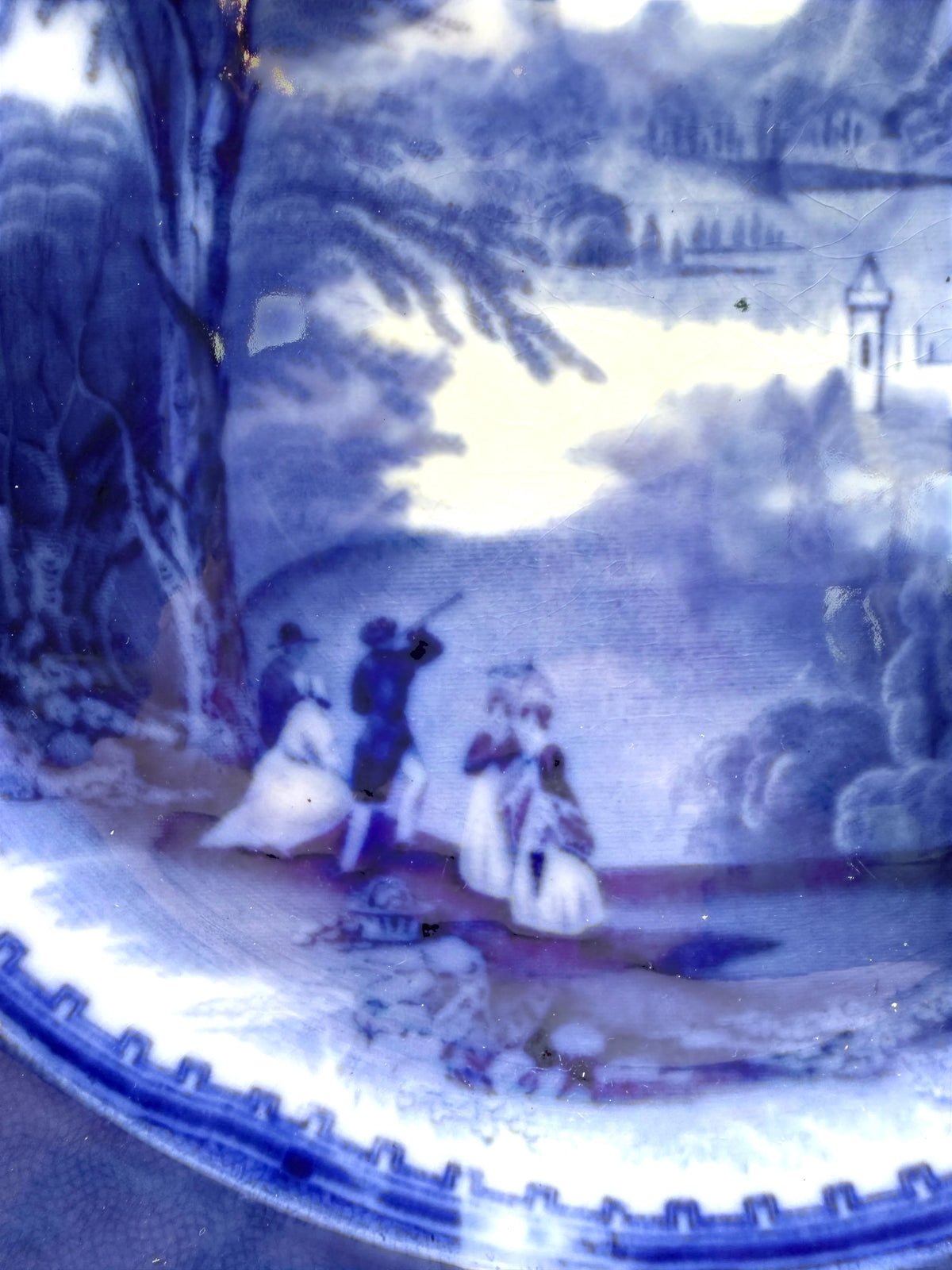 Antique Charles Meigh & Son Jenny Lind Flow Blue Charger, England c. 1855