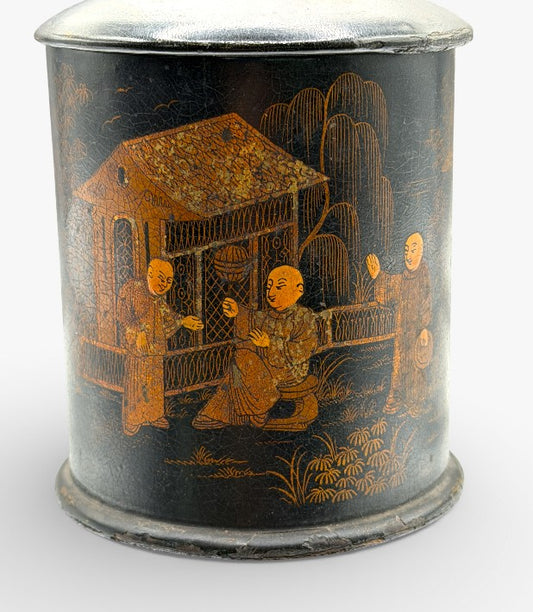 Antique English Black Lacquer Tea Caddy — Parcel-Gilt Chinoiserie