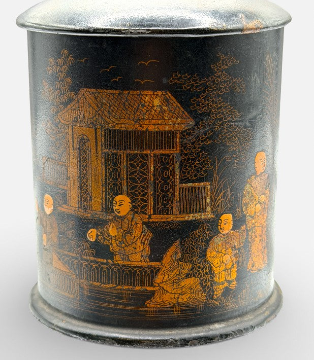 Antique English Black Lacquer Tea Caddy — Parcel-Gilt Chinoiserie