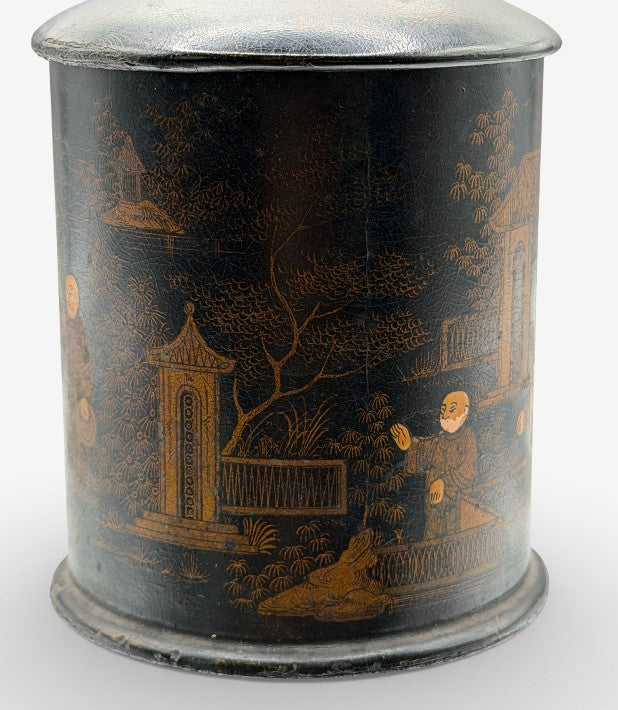 Antique English Black Lacquer Tea Caddy — Parcel-Gilt Chinoiserie