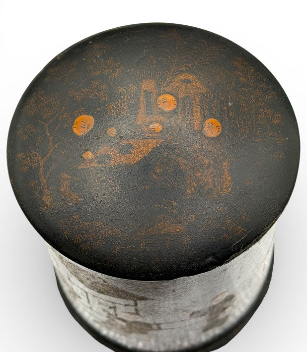 Antique English Black Lacquer Tea Caddy — Parcel-Gilt Chinoiserie
