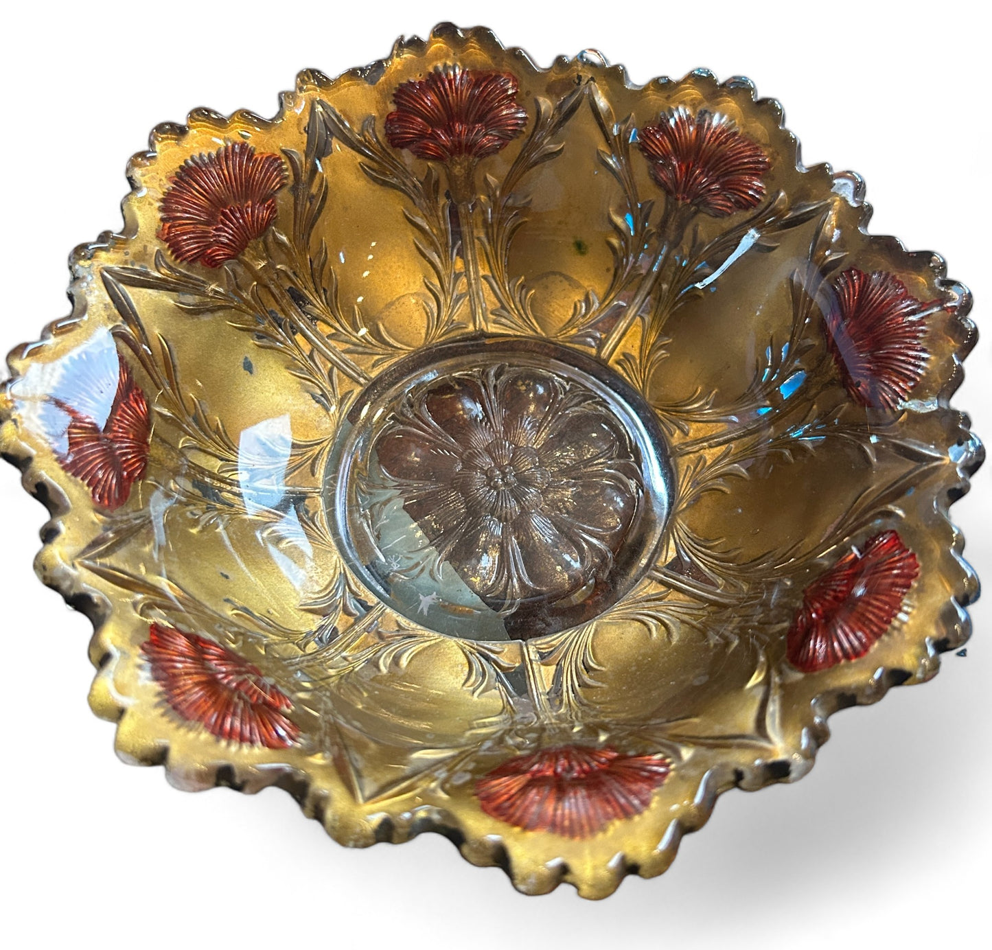 Antique Gold Red Carnation Goofus Glass.