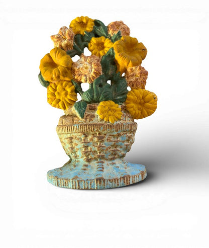 Antique Hubley Cast Iron Flower Basket Doorstop Turquoise + Golden Blooms
