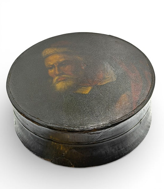 Antique Lacquer Snuff Box — Hand-Painted Gentleman Portrait (Round Lidded Box)
