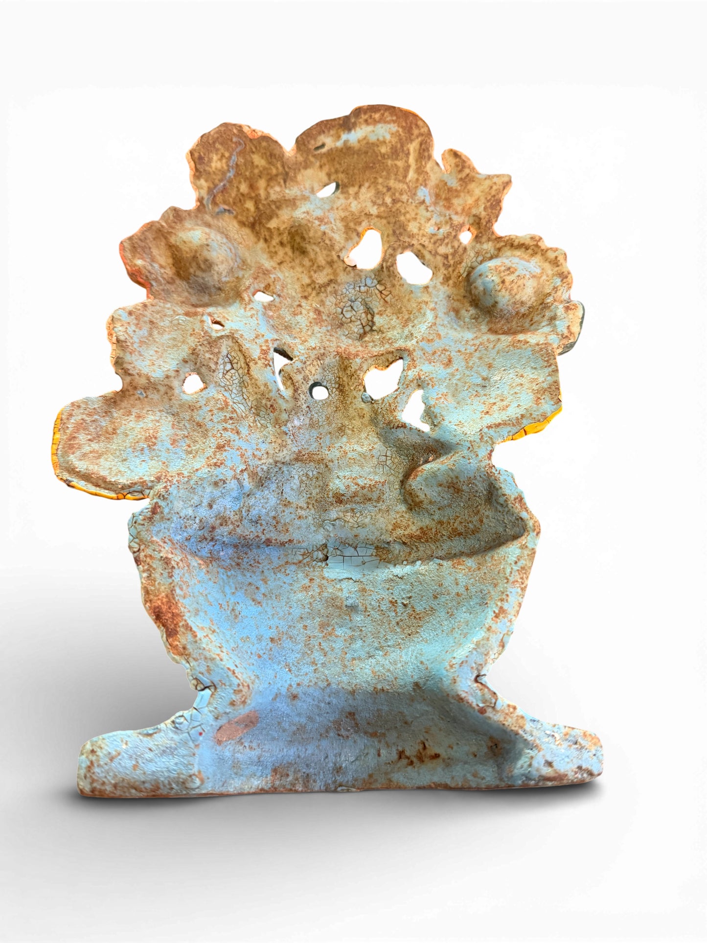 Antique Hubley Cast Iron Flower Basket Doorstop Turquoise + Golden Blooms