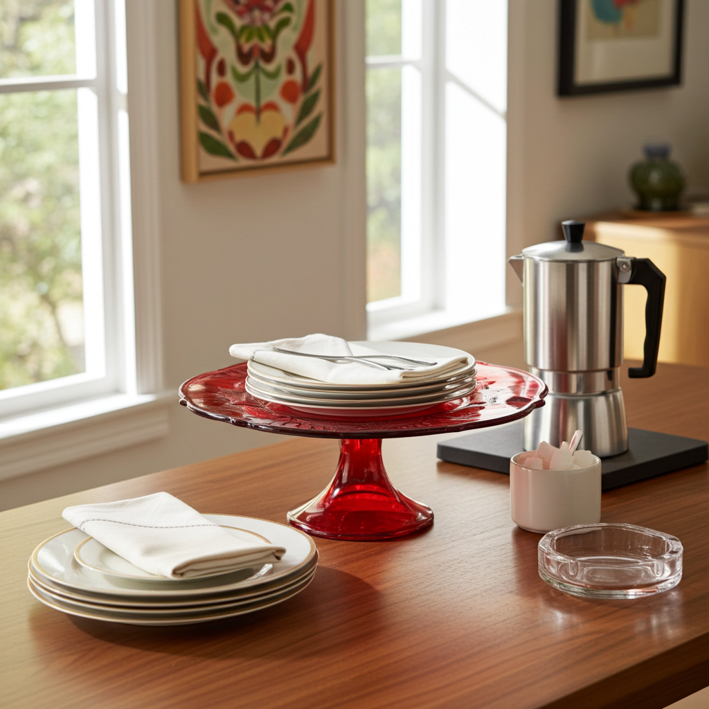 11" Diameter Pedestal Cake Stand Inverted Thistle Ruby Red by Mosser Vintage Tableware