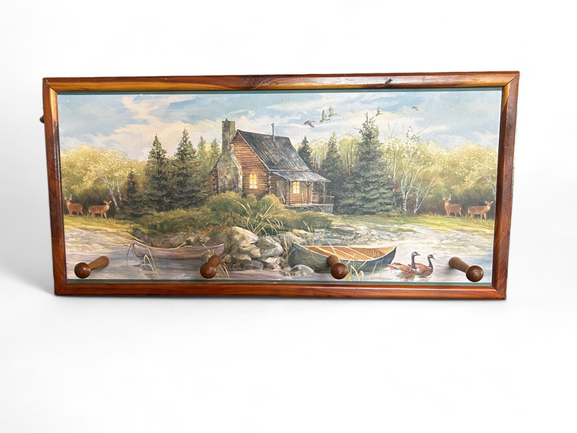 Cozy Painted Cabin Scene Wooden Hat Rack