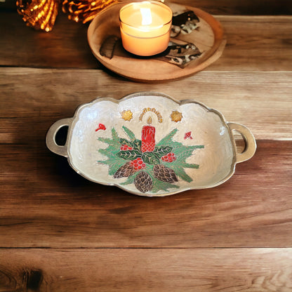 Holiday Charm Vintage Christmas Brass and Enamel Tray