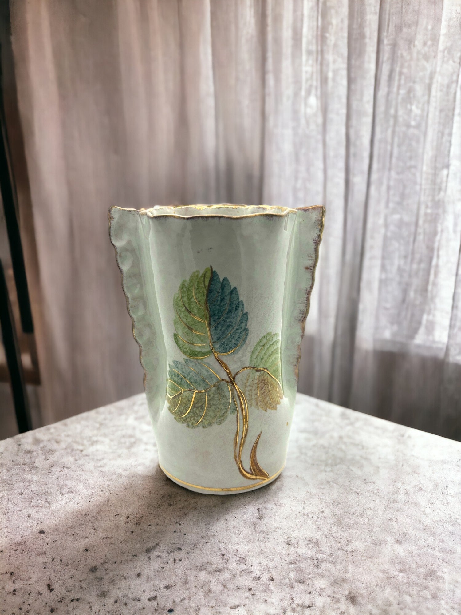 Italian Iridescent Clay Pottery Vase With Gold Trim