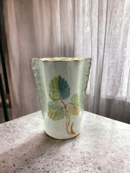 Italian Iridescent Clay Pottery Vase With Gold Trim