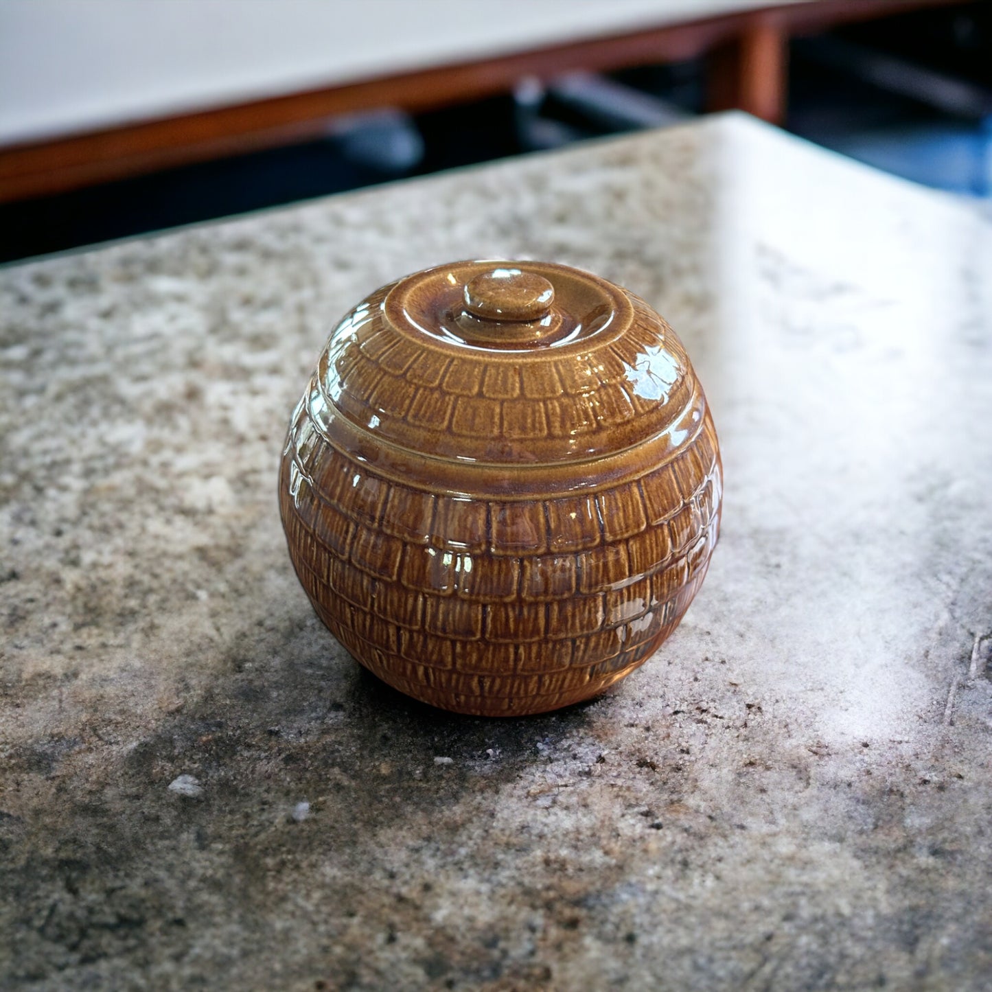 Brown Glazed Honey comb Cookie Jar With Lid