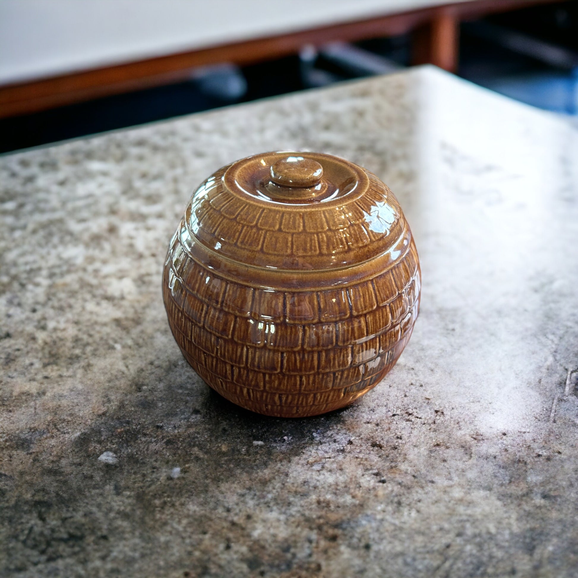 Brown Glazed Honey comb Cookie Jar With Lid
