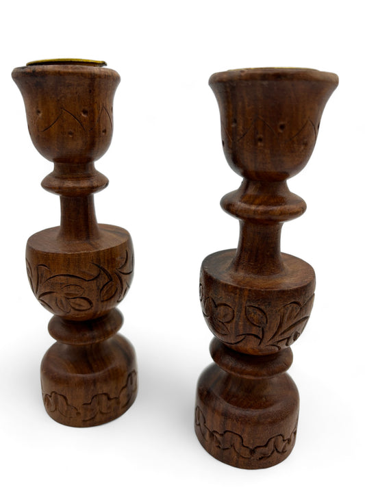 Pair of Hand Carved Sheesham Wood Candlestick Holders