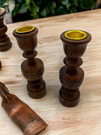 Pair of Hand Carved Sheesha Wood Candlestick Holders