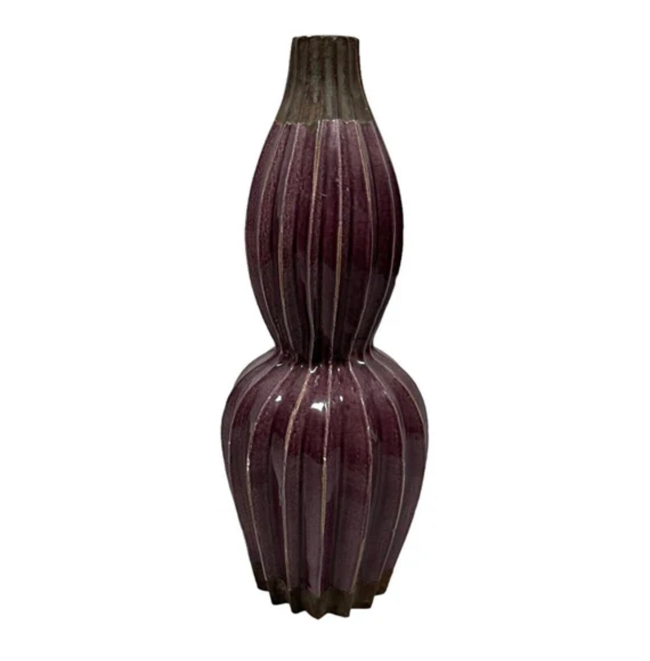 Raku Clay Pottery Vase Glazed Purple Ribbed Bulb -Vintage Home Decor