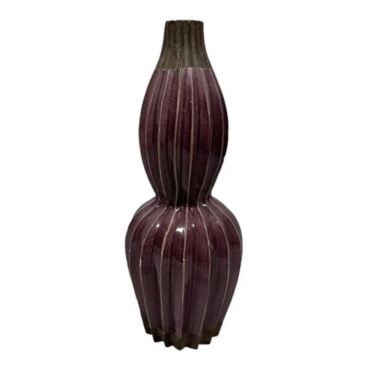 Raku Clay Pottery Vase Glazed Purple Ribbed Bulb -Vintage Home Decor