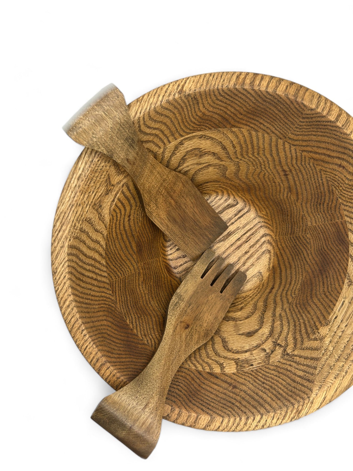 Vintage Walnut Wooden Large Serving Bowl With Six Bowls and Salad Tongs