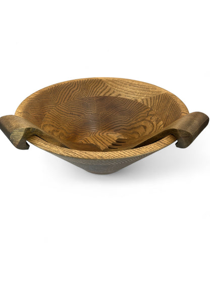 Vintage Walnut Wooden Large Serving Bowl With Six Bowls and Salad Tongs