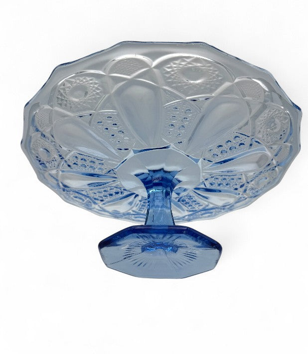Sapphire Blue Kemple Glass Quintec Pattern Pedestal Cake Plate Stand Vintage Tableware