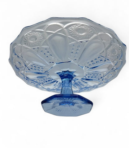 Sapphire Blue Kemple Glass Quintec Pattern Pedestal Cake Plate Stand Vintage Tableware