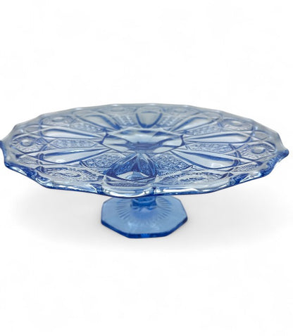 Sapphire Blue Kemple Glass Quintec Pattern Pedestal Cake Plate Stand Vintage Tableware