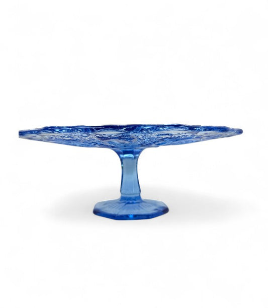 Sapphire Blue Kemple Glass Quintec Pattern Pedestal Cake Plate Stand Vintage Tableware
