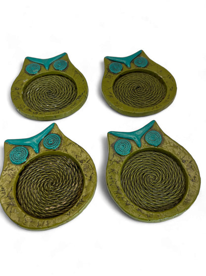 Set of 4 Mid Century Owl Shaped Wood and Rope Drink Coasters