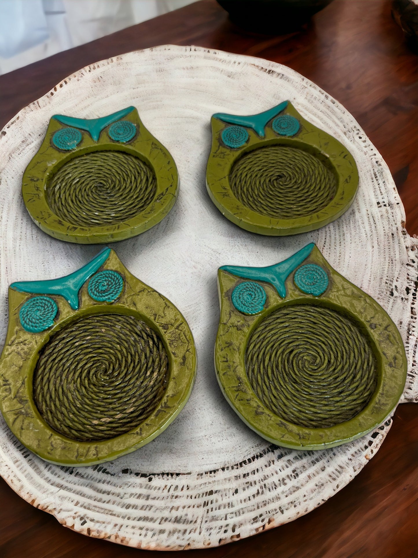  Century Owl Shaped Wood and Rope Drink Coasters