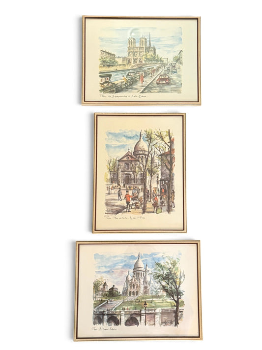 Vintage 1960s Arno Paris Watercolor Print Set, Three Framed French Scenes