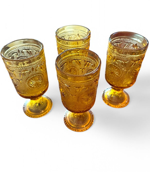 Vintage Amber Pressed Footed Glasses Set of Four