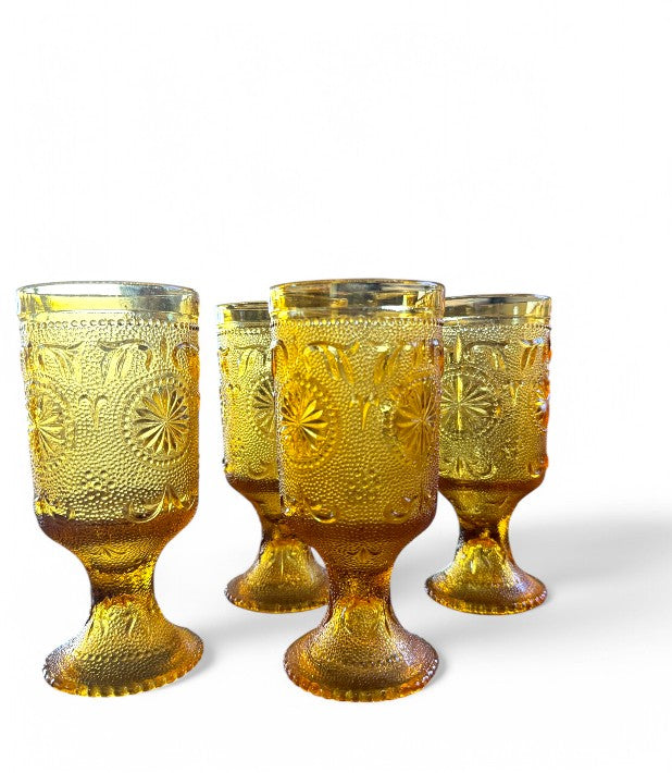 Vintage Amber Pressed Footed Glasses Set of Four