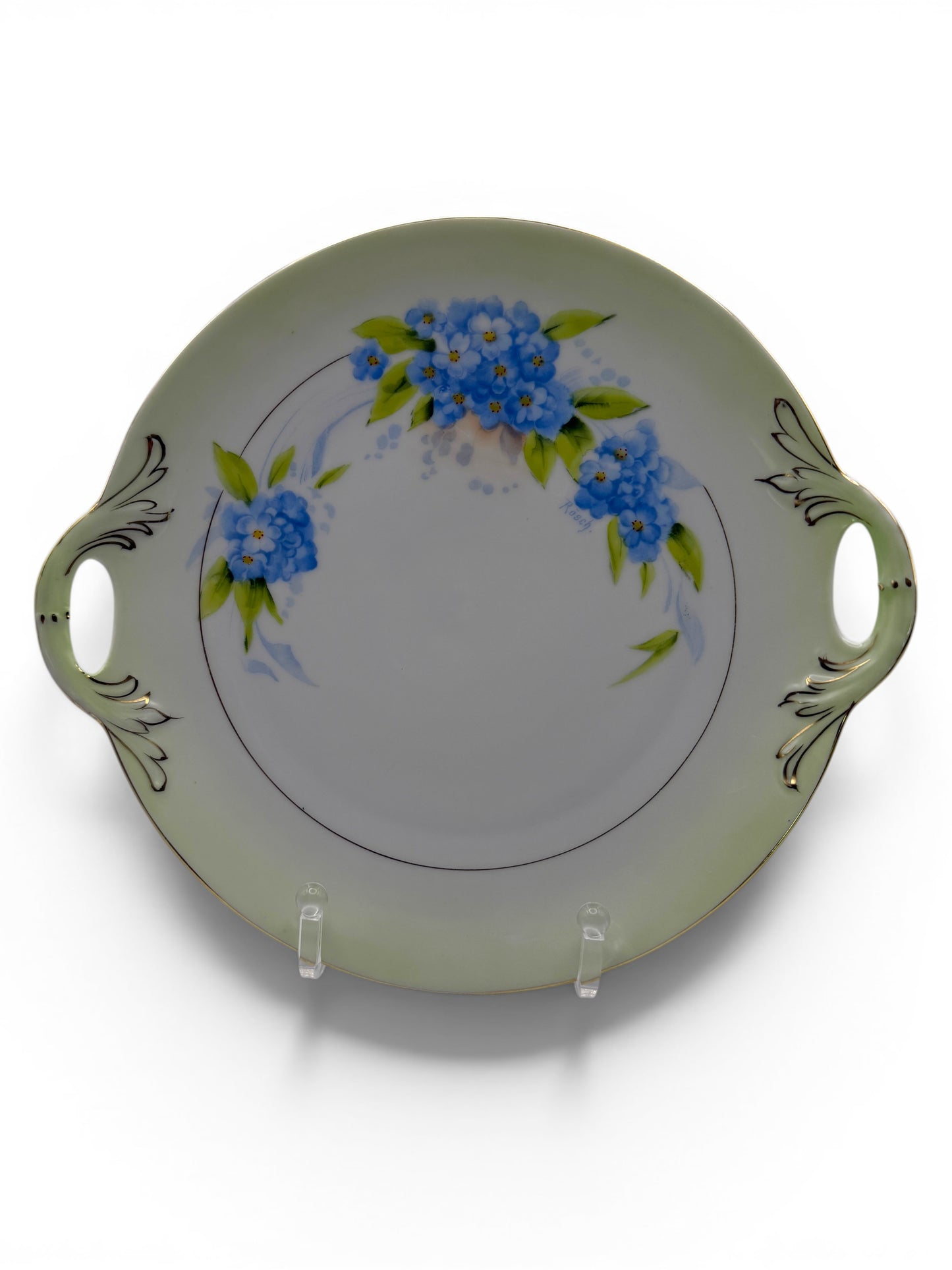 Vintage Bavaria Rosch Blue Floral Handled Cake Plate