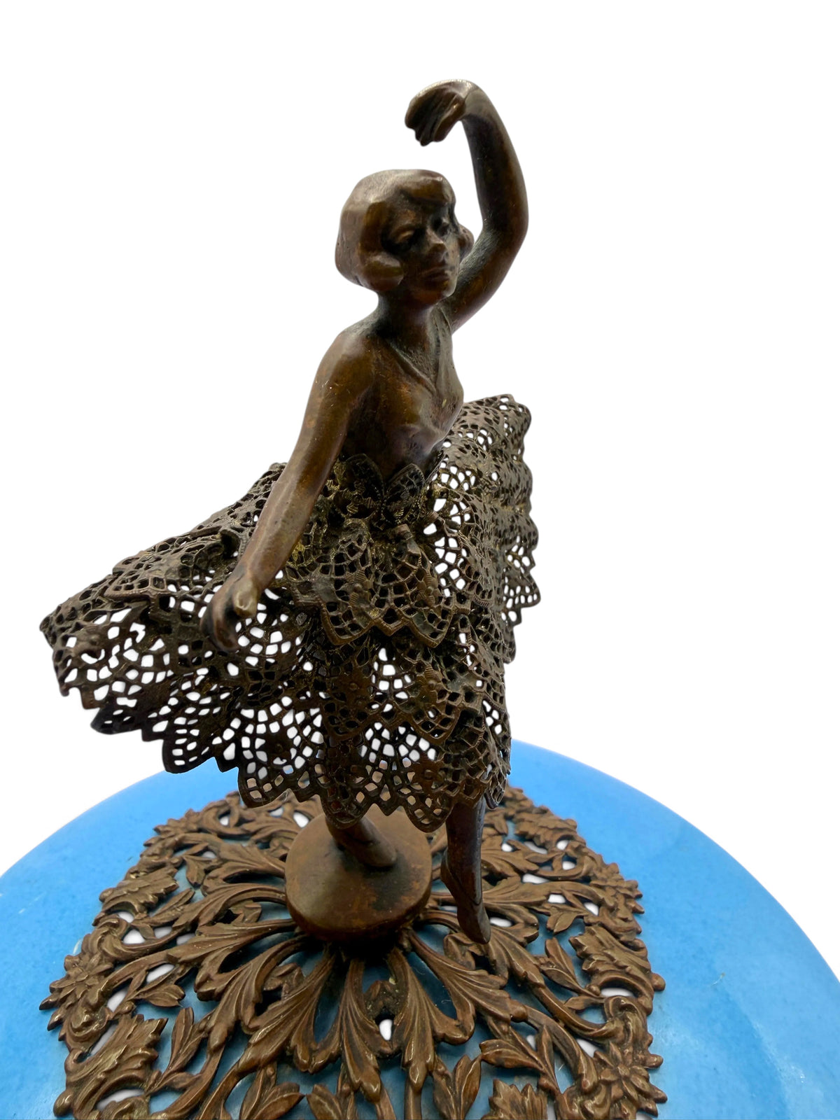 Vintage Bavarian Porcelain Ballerina Music Box with Bronze Filigree, Germany