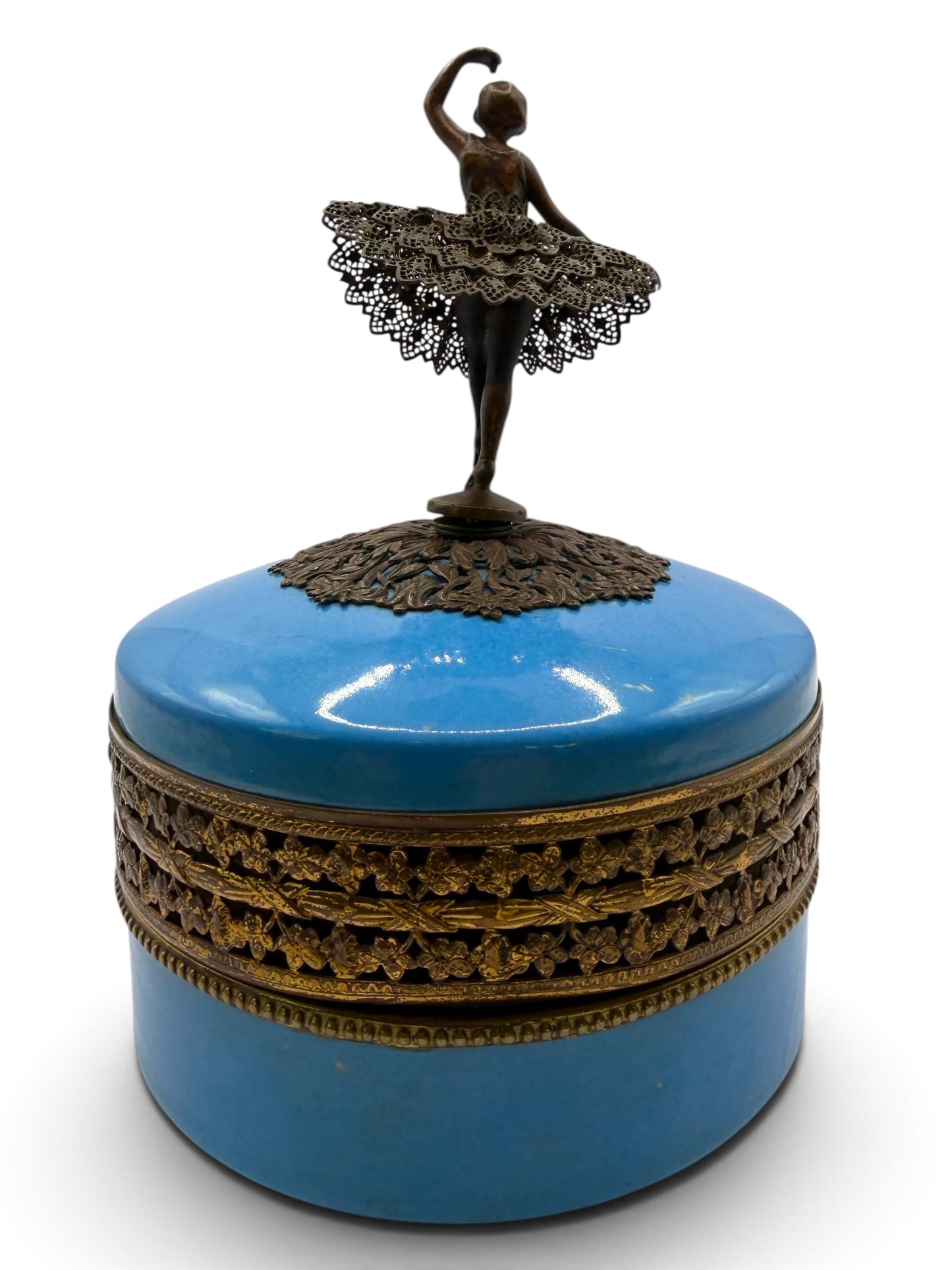 Vintage Bavarian Porcelain Ballerina Music Box with Bronze Filigree, Germany