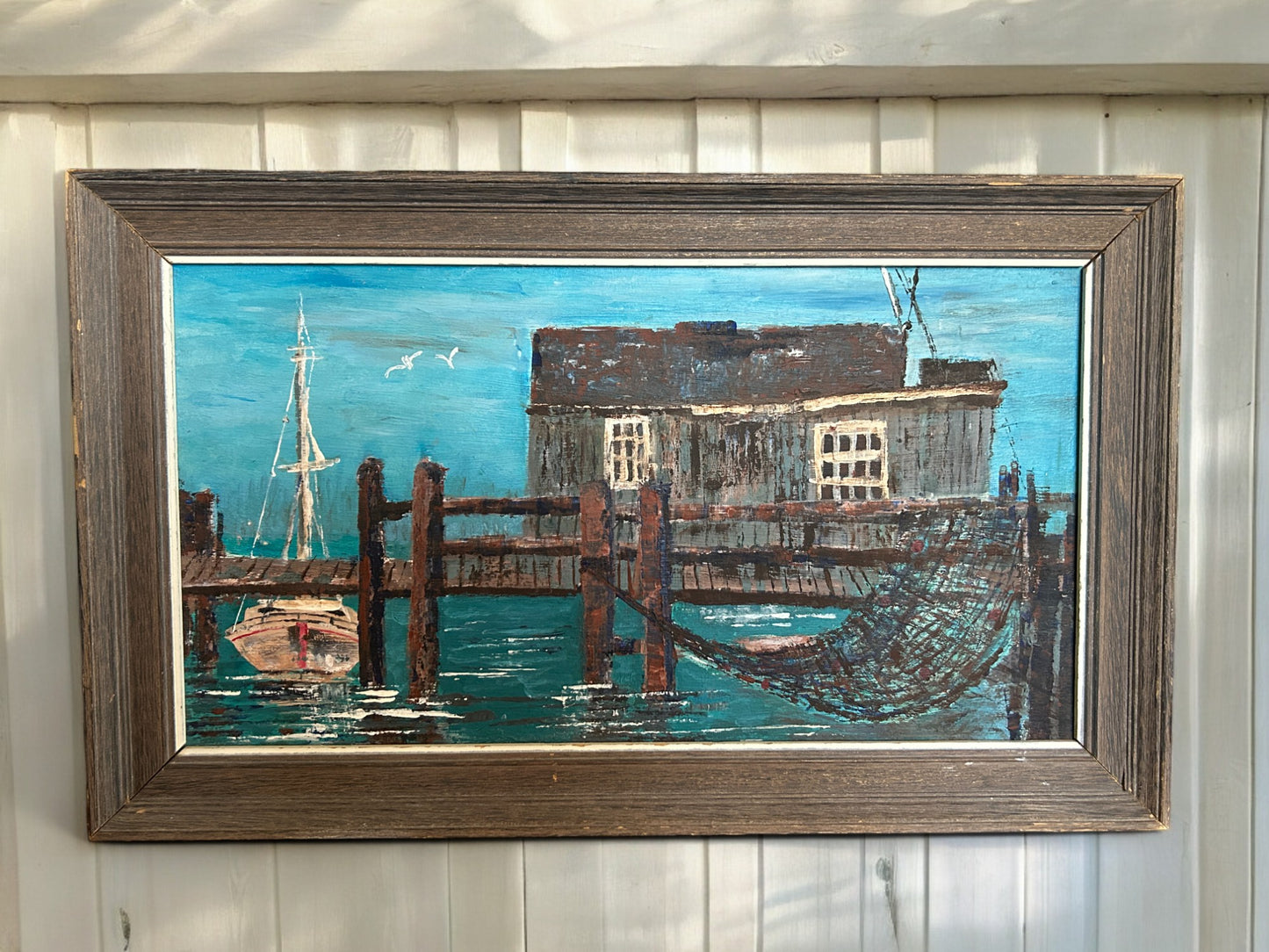 Coastal Dockside Painting in Rustic Wooden Frame
