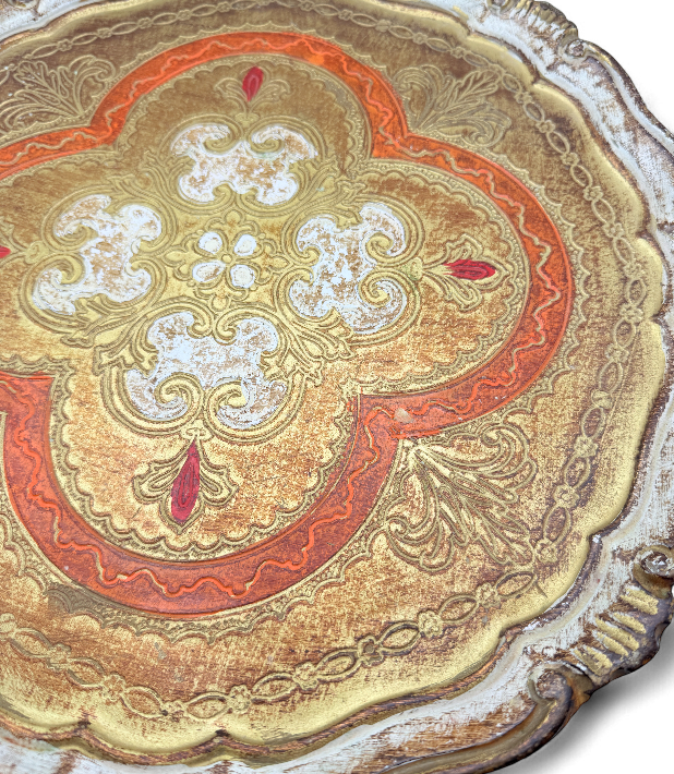 Vintage Florentine Gilt Wood Tray — Gold, Red & Ivory