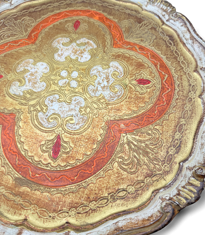 Vintage Florentine Gilt Wood Tray — Gold, Red & Ivory