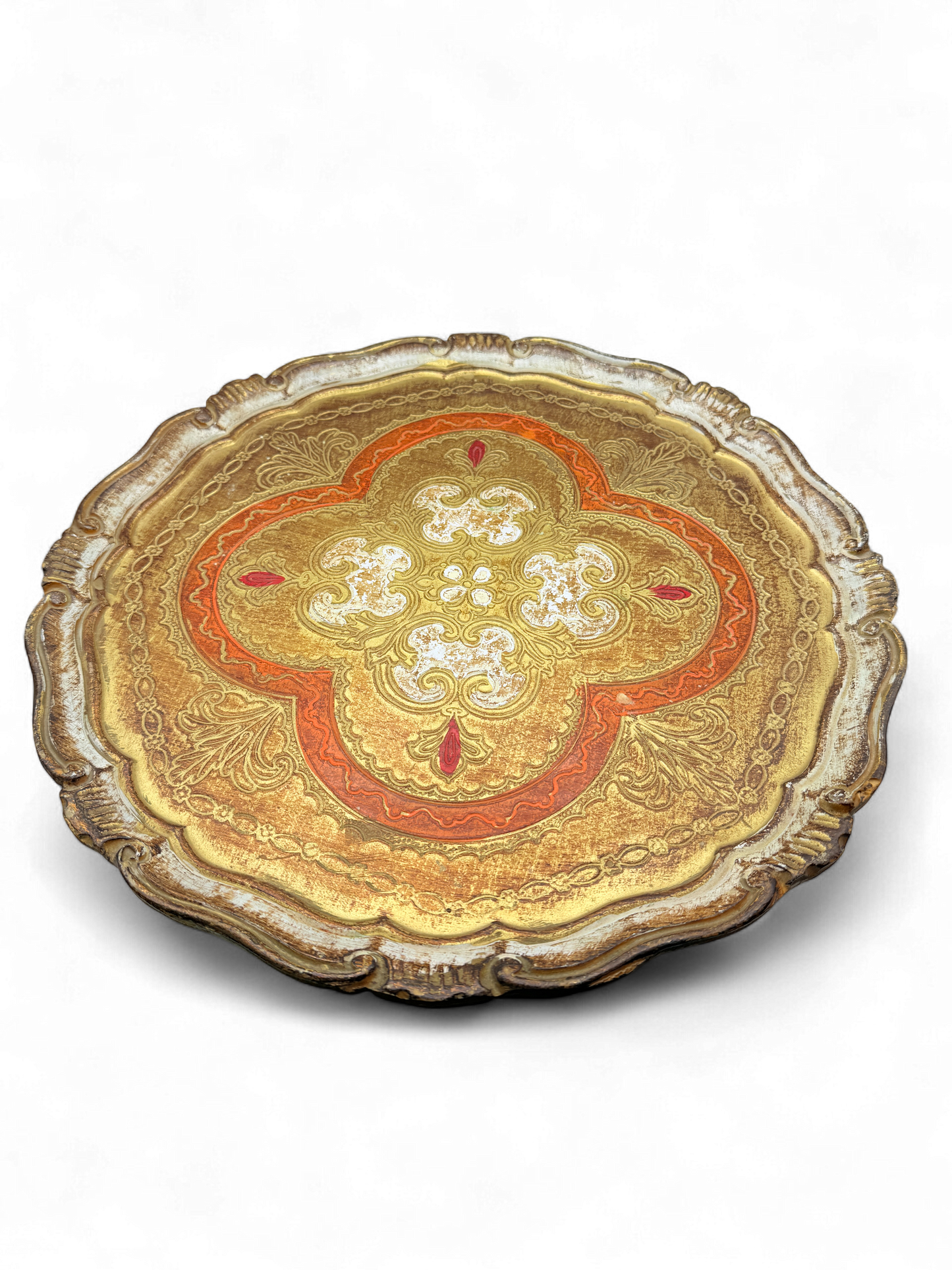 Vintage Florentine Gilt Wood Tray — Gold, Red & Ivory
