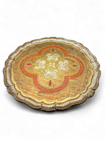 Vintage Florentine Gilt Wood Tray — Gold, Red & Ivory